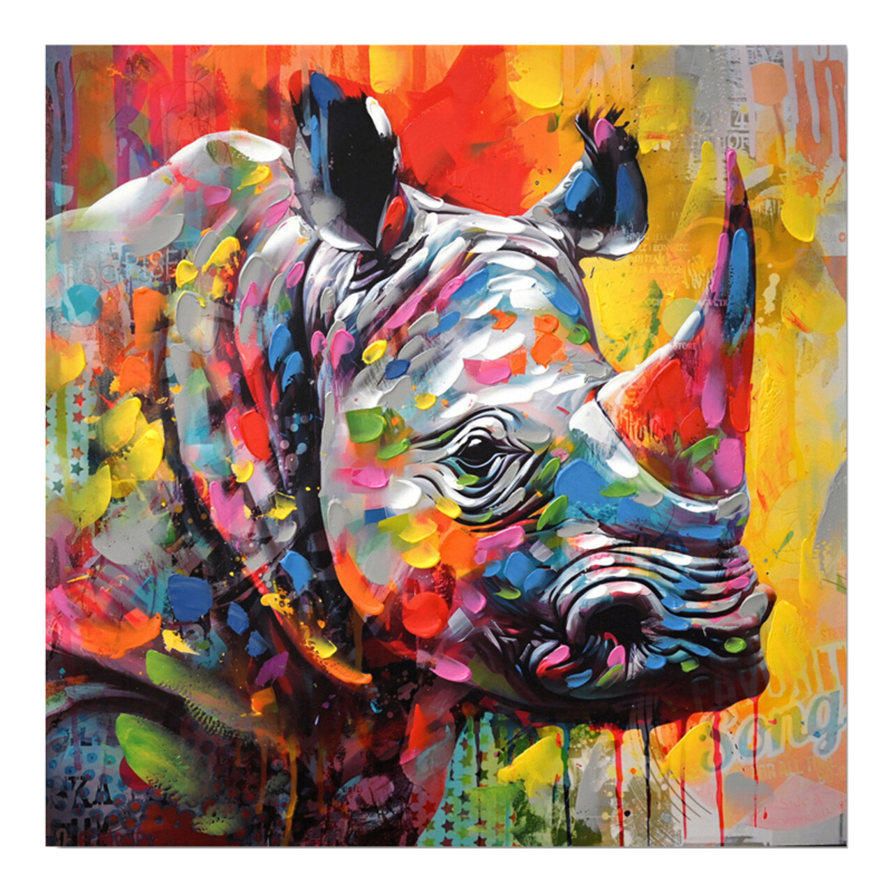 Tablou decorativ Rhinocery, Inart, 80x80 cm, canvas/lemn de brad, multicolor