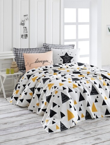 Set lenjerie de pat + cuvertura dubla Ilove - Black a Yellow, EnLora Home, 4 piese, bumbac, negru/galben