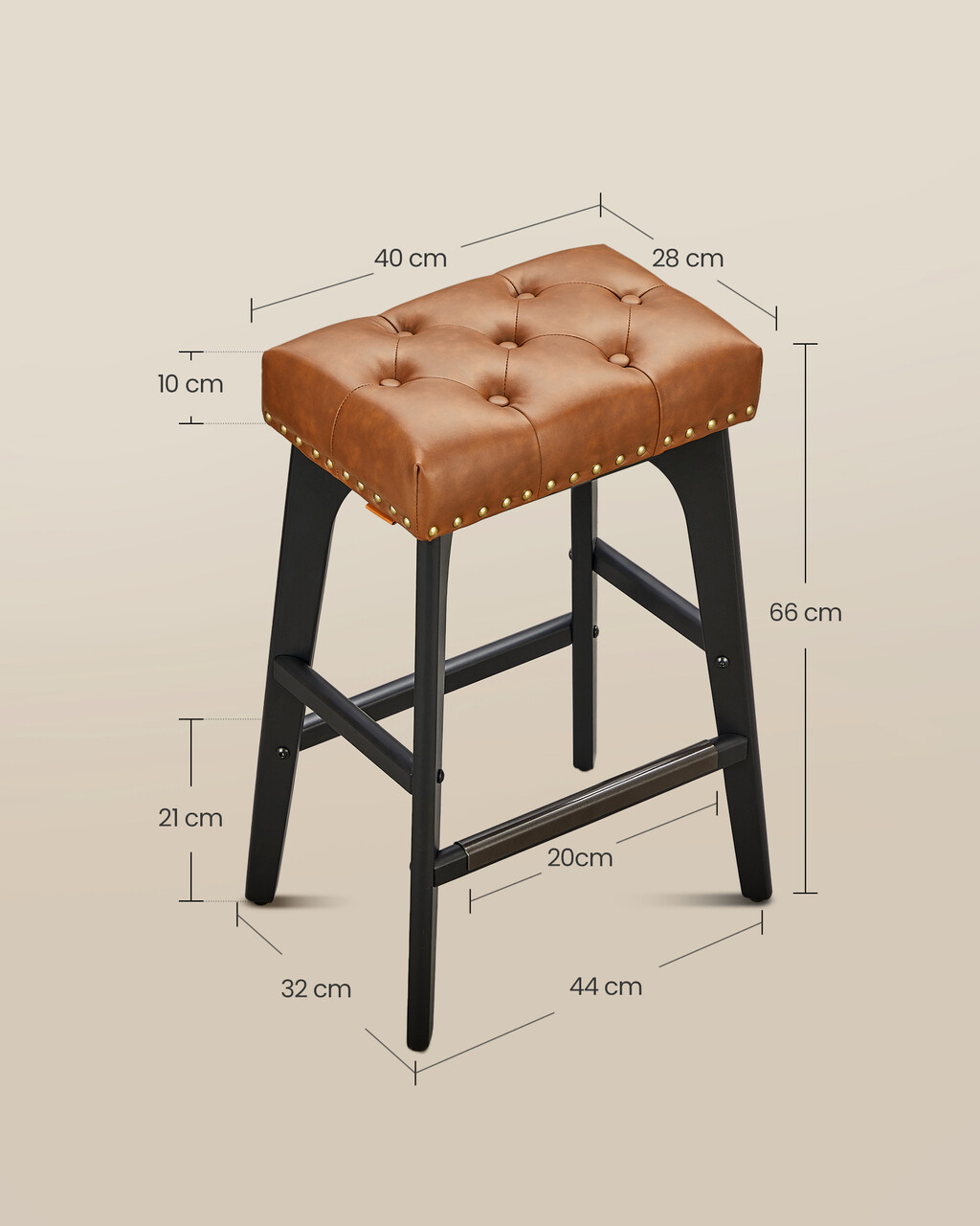 Set 2 scaune de bar, Vasagle, 44x32x66 cm, max 120 kg, lemn de cauciuc/piele ecologica, maro coffee - 1 | YEO