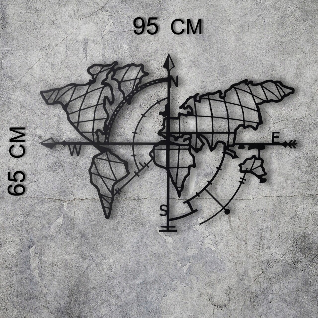 Decoratiune de perete, World Map Compass, Metal, Dimensiune: 65 x 95 cm, Negru - 2 | YEO