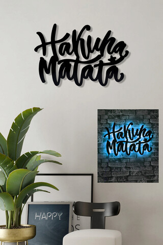 Decoratiune luminoasa LED, Hakuna Matata, MDF, 60 LED-uri, Albastru