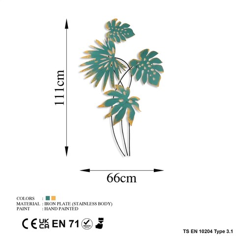 Decoratiune de perete, Monstera, Metal, Dimensiune: 66 x 111 cm, Turcoaz / Galben