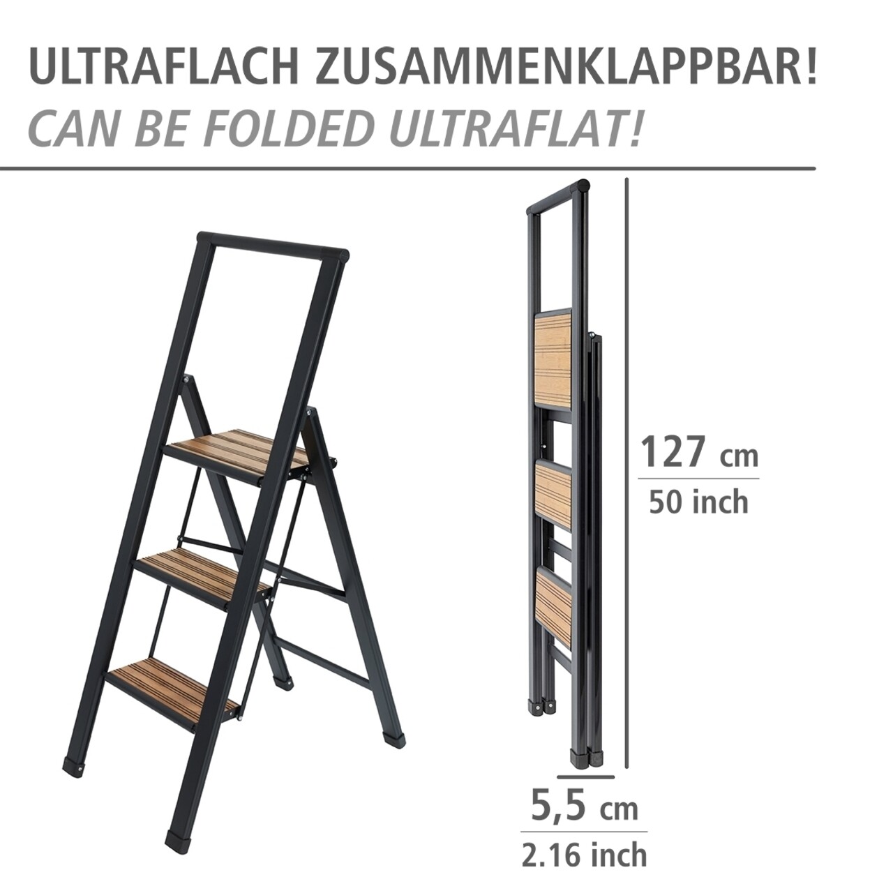 Scara pliabila, Wenko, 3-step, cu sistem antiderapant, 44 x 127 x 5.5 cm, aluminiu/plastic, negru - 1 | YEO