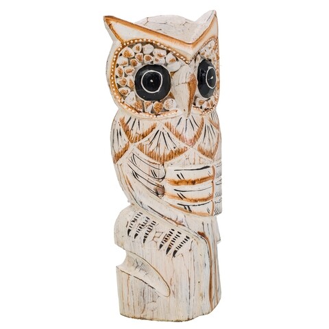 Decoratiune, Owl, Creaciones Meng, 30 cm, lemn de arbore de matase, alb antic