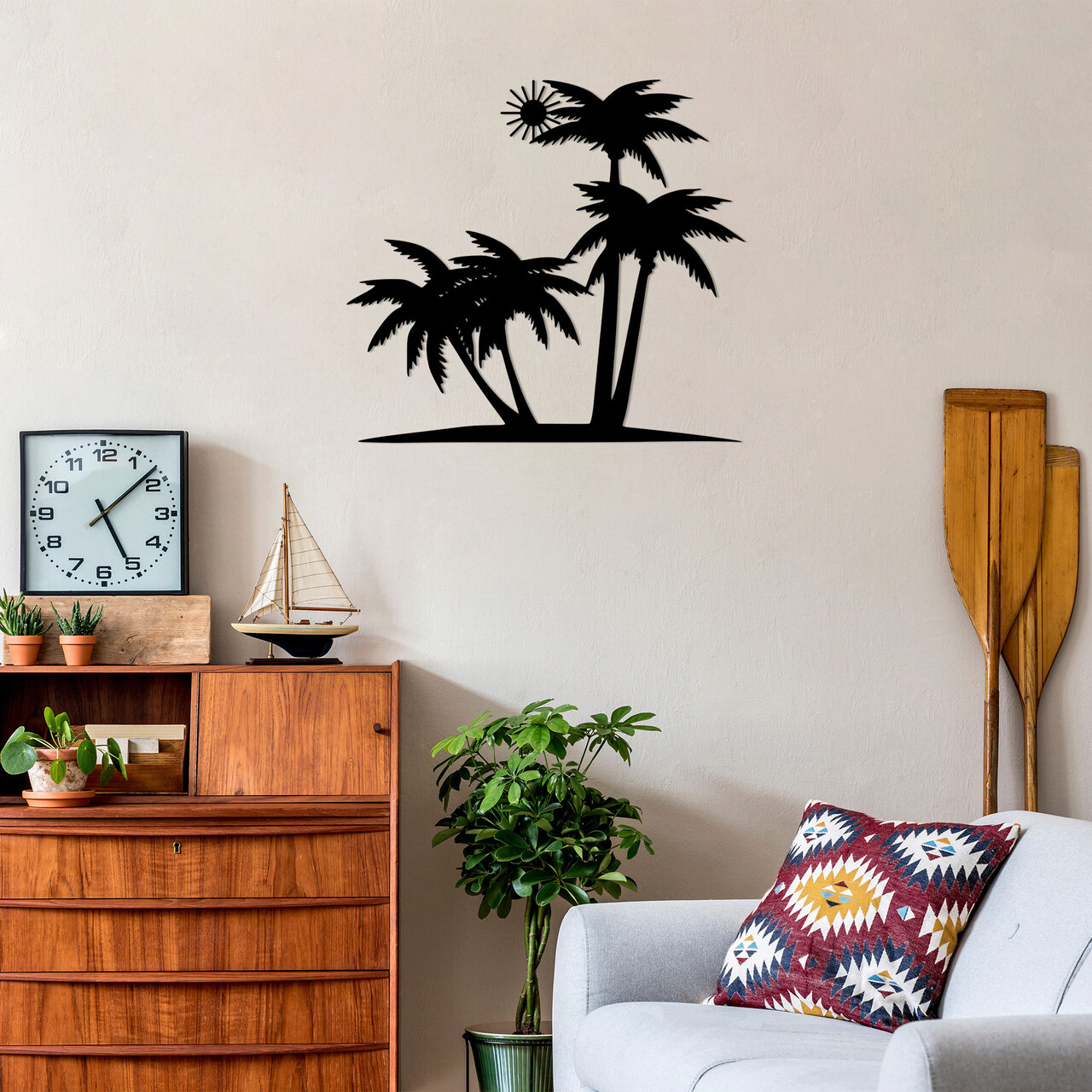 Decoratiune de perete, Palm And The Sun, Metal, Dimensiune: 71 x 65 cm, Negru - 1 | YEO