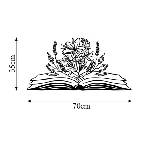 Decoratiune de perete, Book And Flower, Metal, 70 x 35 cm, Negru