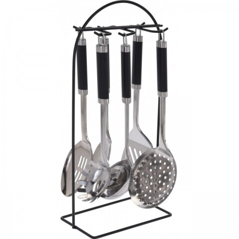 Set 6 ustensile de bucatarie + suport cu carlig Black, 37 x 41 x 41 cm, inox/plastic, argintiu/negru