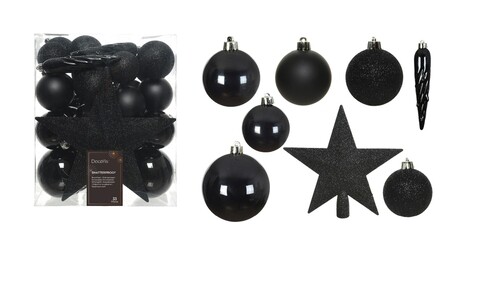 Cutie cu 33 globuri asortate si varf de brad Star Black, Decoris, plastic, negru