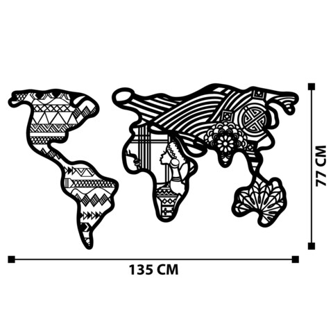 Decoratiune de perete, World Map 7, Metal, Dimensiune: 160 x 70 cm, Negru