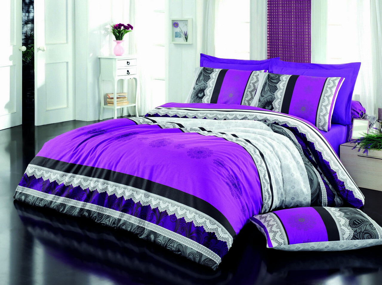 Lenjerie de pat dubla, Dantela - Lilac, Pearl Home, Bumbac Ranforce