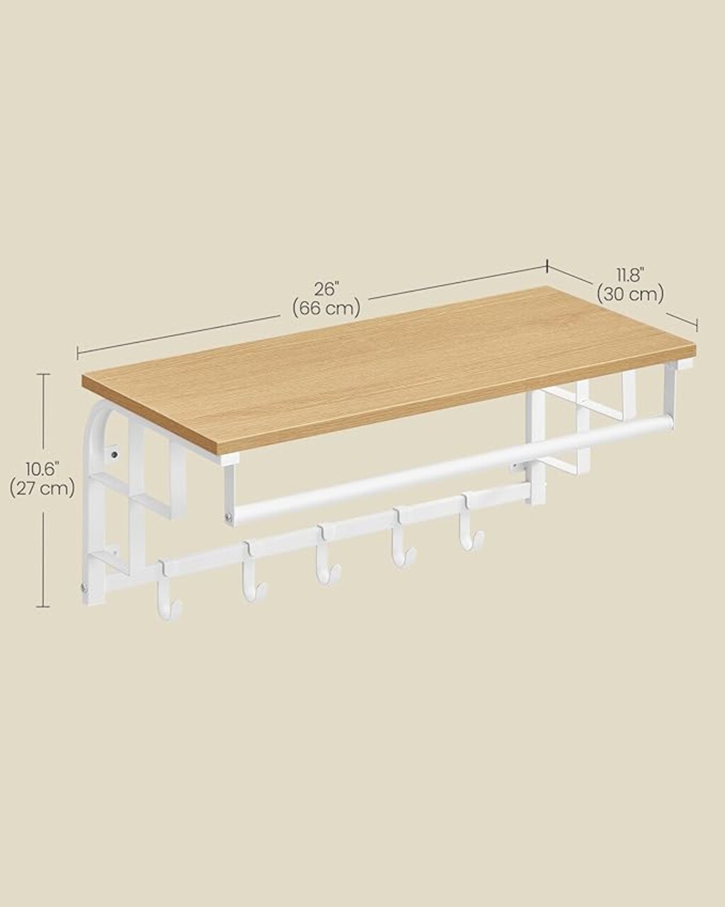 Cuier de perete cu 5 agatatori, Vasagle, 66x30x27 cm, PAL/otel, alb/natural - 1 | YEO