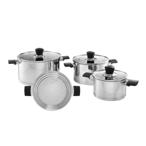 Set vase pentru gatit 7 piese, Ambition, 1.8 L / 3.5L / 6L, inox/sticla, argintiu