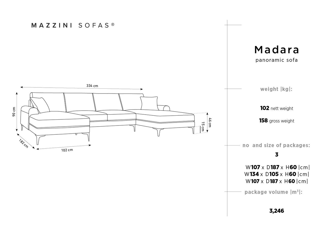 Coltar panoramic, Madara, Mazzini Sofas, 6 locuri, 334x182x90 cm, catifea, gri deschis