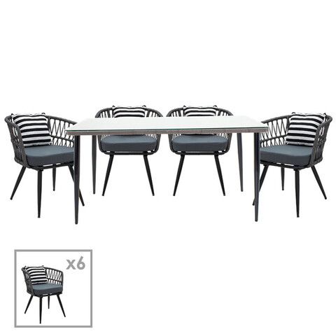 Set mobilier de gradina 7 piese Naoki Comfy, Pakoworld, masa si 6 scaune, metal/ratan sintetic, negru/gri