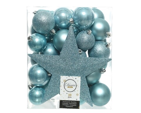 Cutie cu 33 globuri asortate si varf de brad Star Arctic Blue, Decoris, plastic, albastru