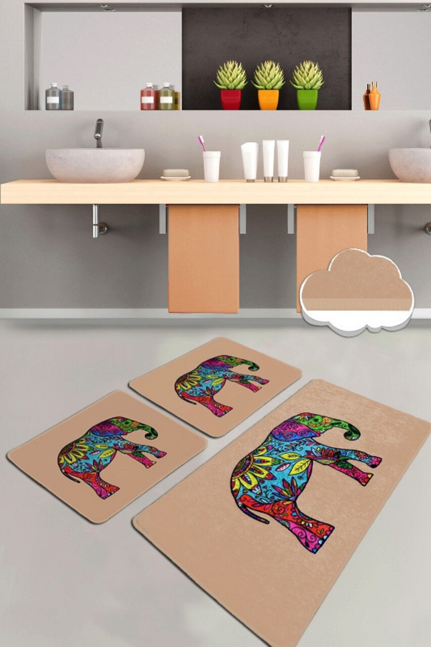 Set covoraș de baie (3 bucăți), Chilai, Olifant, Catifea, Multicolor