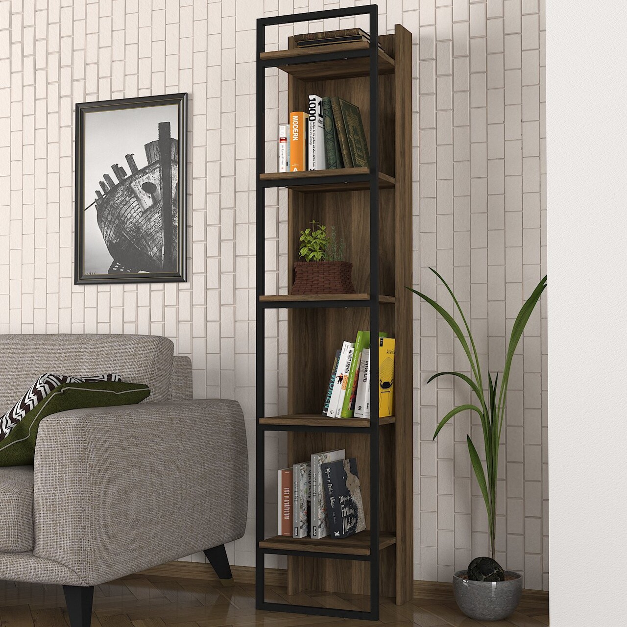 Biblioteca Kelvin, Tera Home, 39x36.6x180 cm, maro/negru