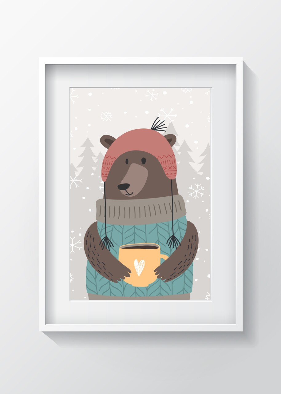 Tablou decorativ Bear w mug, Oyo Kids, 29x24 cm, lemn/MDF, multicolor