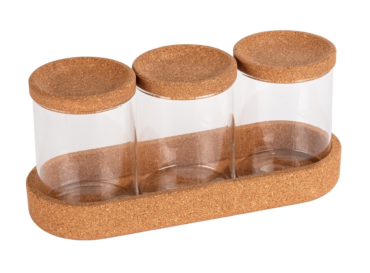 Set 3 Reipiente Depozitare Cu Tava, Wenko, Apiro, 26 X 12 X 9.5 Cm, Sticla/pluta, Natur/transparent