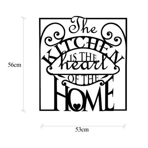 Decoratiune de perete, The Kitchen Is The Heart Of The Home, Metal, Dimensiune: 56 x 0,15 x 53 cm, Negru