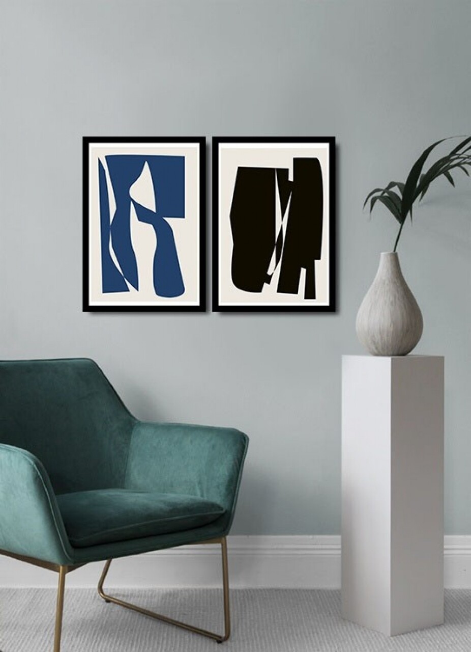 Set 2 tablouri decorative, Alpha Wall, Black &amp; Blue, 36x51 cm