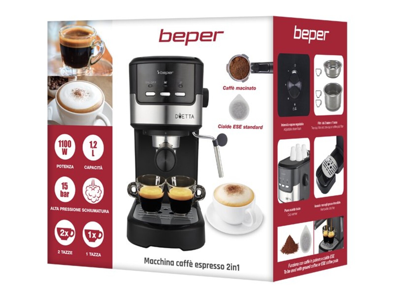 Espressor 2 in 1 Beper, 17x39.5x31 cm, inox, negru