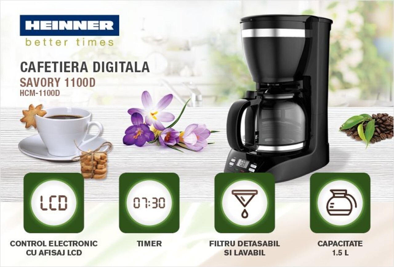 Cafetiera digitala Savory 1100D, Heinner, 900 W, 1.5 L, negru - 1 | YEO