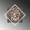 Decoratiune de perete, Life Begins After Coffee, 50% lemn/50% metal, Dimensiune: 54 x 54 cm, Nuc / Argint