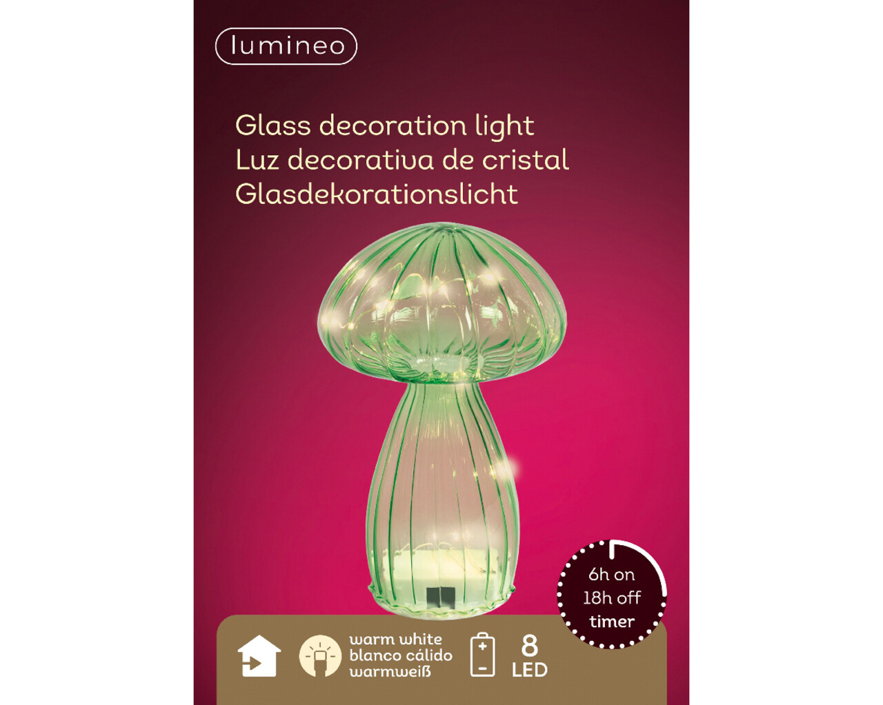 Decoratiune luminoasa de masa cu 8 micro LED-uri Mushroom, Decoris, 11x16.5 cm, cu baterii, sticla