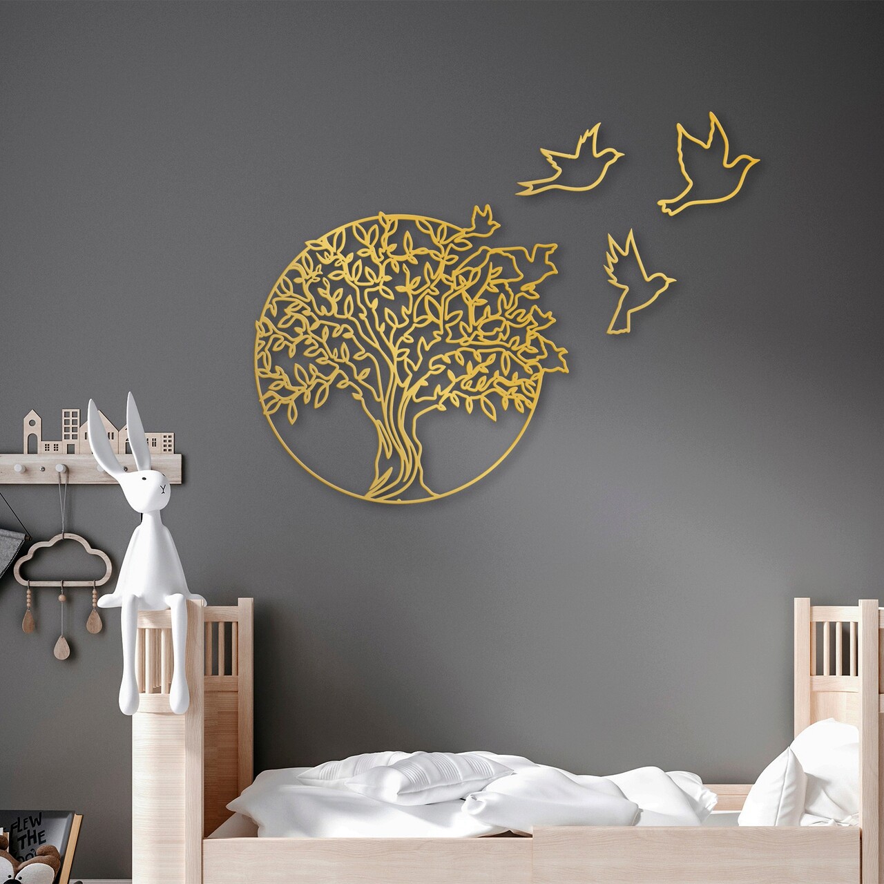 Decoratiune de perete, Tree And Birds 4, Metal, Dimensiune: 61 x 56 cm, Auriu - 1 | YEO