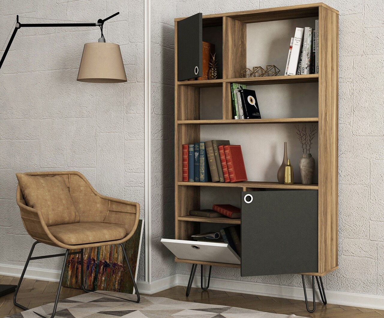 Biblioteca Karamel, Tera Home, 90x25x160 cm, gri/maro - 2 | YEO