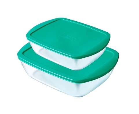 Set 2 vase dreptunghiulare cu capac, Pyrex, Cook-Store, 1.1 L/2.5 L, sticla termorezistenta/plastic, verde