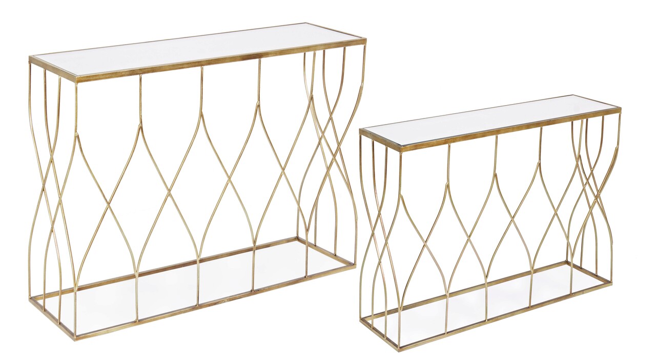 Set 2 console Elenor, Bizzotto, 104 x 33 x 79 cm, otel/sticla, auriu