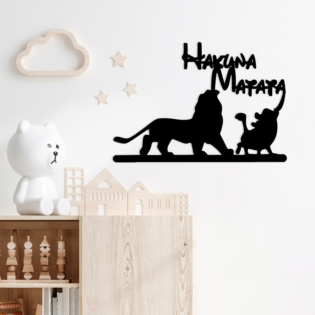 Decoratiune de perete, Hakuna Matata Lion And Piggy, Metal, Dimensiune: 58 x 1,5 x 39 cm, Negru - 1 | YEO