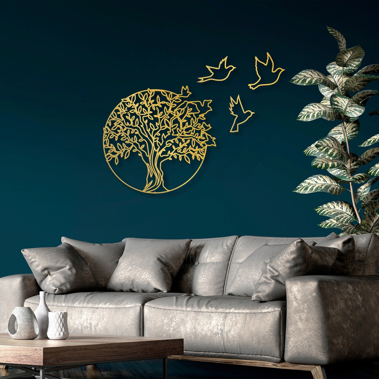 Decoratiune de perete, Tree And Birds 4, Metal, Dimensiune: 61 x 56 cm, Auriu - 2 | YEO