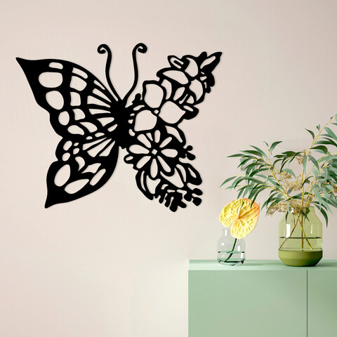 Decoratiune de perete, Butterfly From Flower, Metal, Dimensiune: 59 x 1,5 x 49 cm, Negru