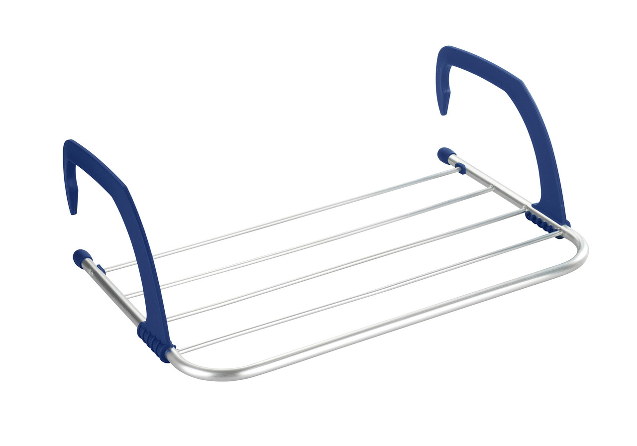 Uscator rufe suspendabil pentru balcon, Wenko, Alu, 53.5 x 37-48 x 16 cm, 3 m capacitate de uscare, aluminiu/polipropilena, albastru