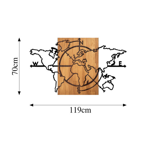 Decoratiune de perete, World Map, 50% lemn/50% metal, Dimensiune: 118 x 3 x 70 cm, Nuc negru