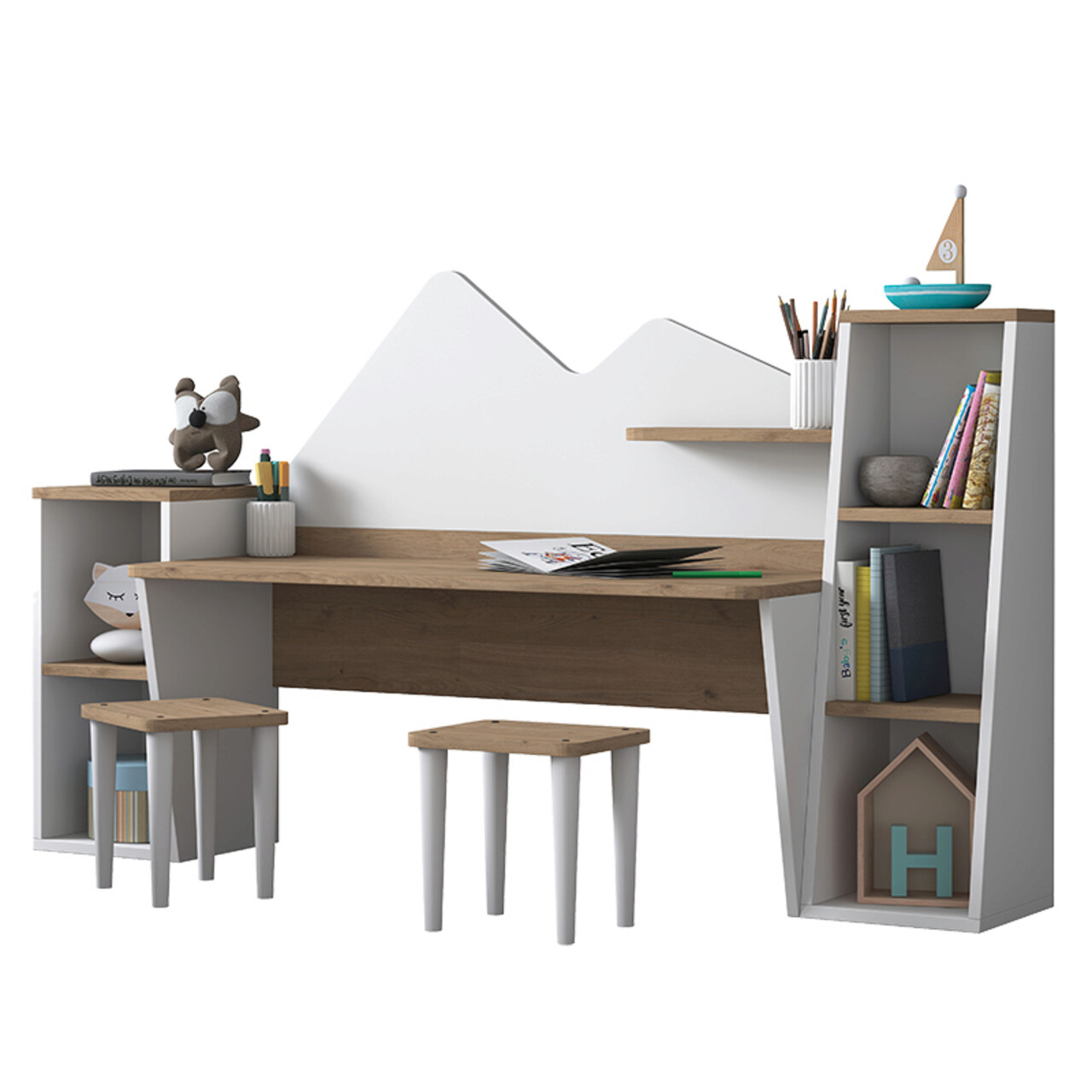 Set birou si 2 taburete pentru copii Bubble, Pakoworld, 180x45x93.5 cm, PAL melaminat, alb/maro