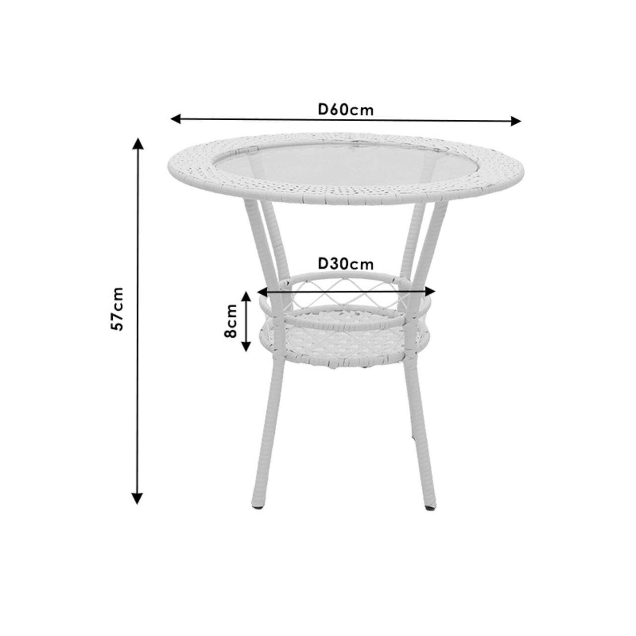 Set mobilier de gradina 3 piese Saylor, Pakoworld, masa cu 2 scaune, 60x60x57 cm, metal/ratan sintetic/sticla, alb