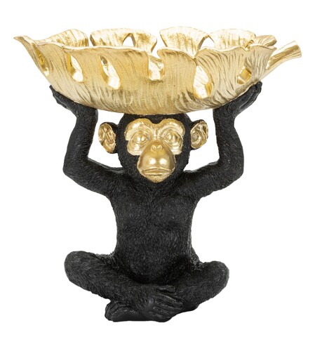 Decoratiune cu platou, Monkey, Mauro Ferretti, 25.2 x 21 x 24 cm, polirasina, negru/auriu