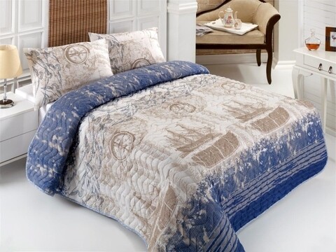 Set cuvertura de pat matlasata, Eponj Home, Pusula Dark Blue, 2 piese, 65% bumbac, 35% poliester, multicolor