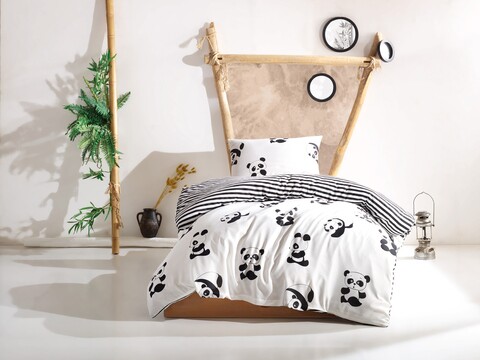 Lenjerie de pat pentru o persoana, EnLora Home, Panda, 2 piese, amestec bumbac, alb/negru