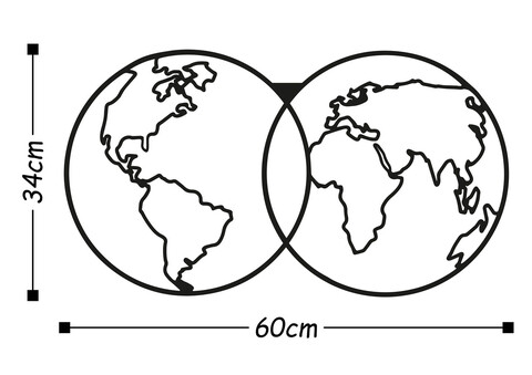 Decoratiune de perete, World Map, Metal, Dimensiune: 60 x 34 cm, Negru