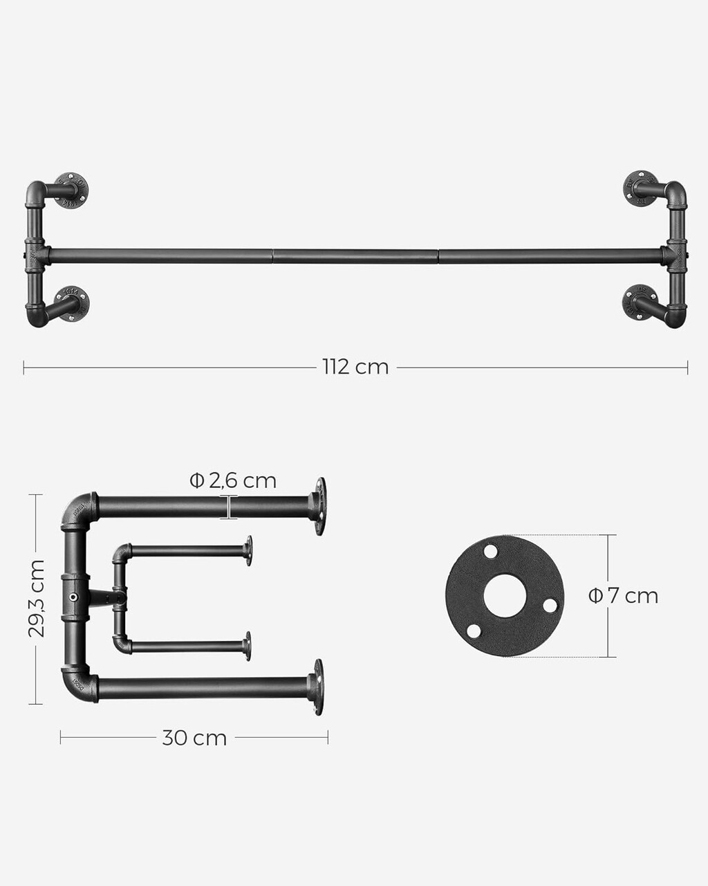 Set 2 suporturi pentru haine cu fixare pe perete Industrial Pipe, Vasagle, 110x30x29.3 cm, max 60 kg, otel, negru