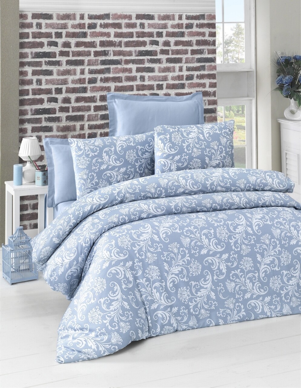 Lenjerie de pat dubla King Size, Victoria, Verano Blue, 6 piese, 100% bumbac satinat, tesatura Jacquard, albastru