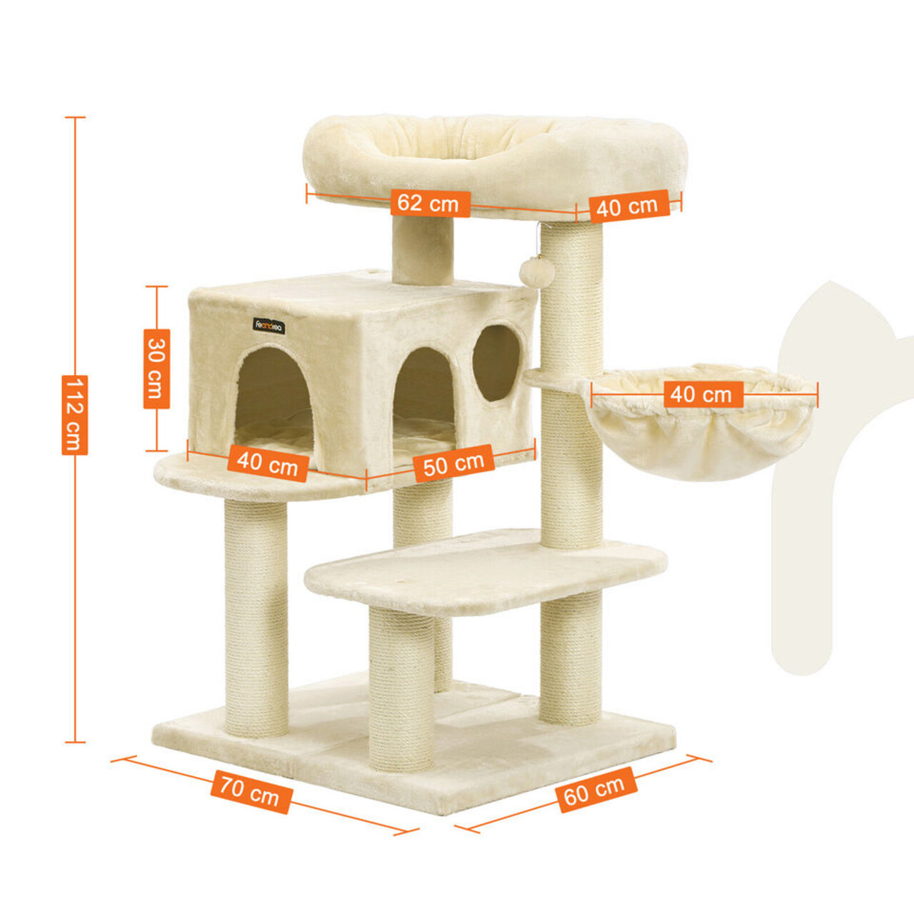 Ansamblu de joaca pisici cu elemente reglabile / arbore pentru pisici cu perna XXL, Feandrea, 70x60x112 cm, PAL/plus/sisal, bej