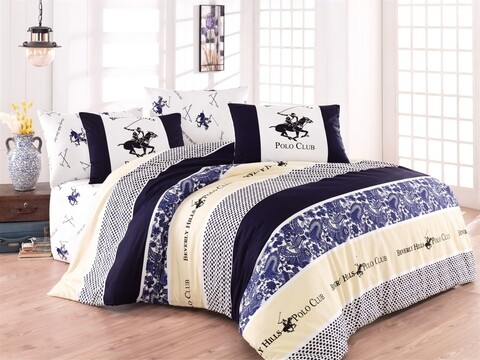 Lenjerie de pat dubla king size, Beverly Hills Polo Club, BHPC 011 - Dark Blue, 3 piese, bumbac ranforce, multicolor