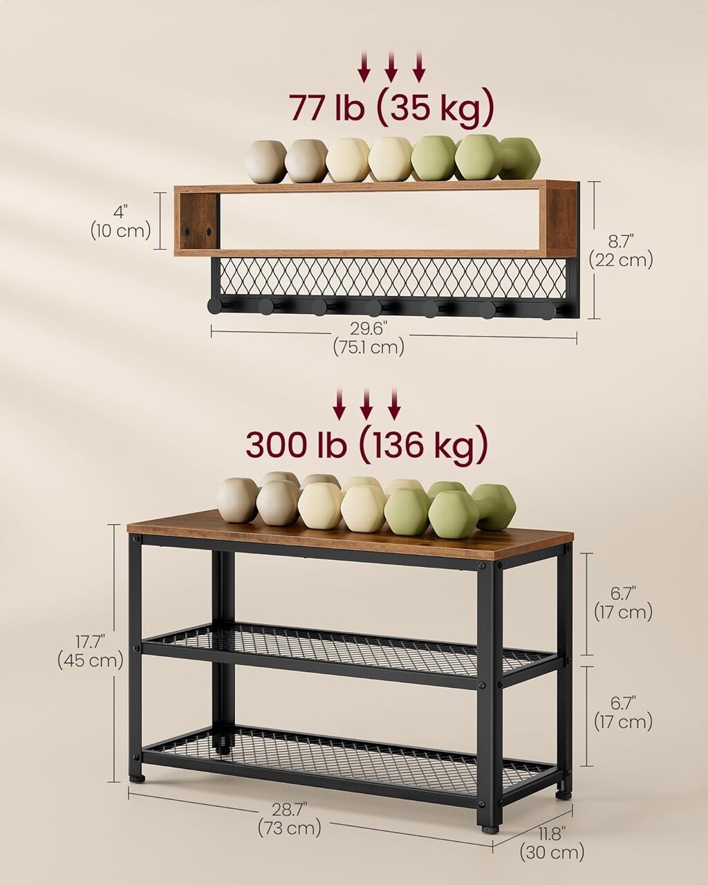 Set bancheta cu pantofar si cuier de perete, Vasagle, 73x30x45 cm/75.1x12.5x22 cm, PAL/otel, maro rustic - 1 | YEO