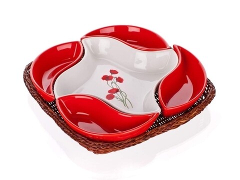 Set 5 boluri pentru aperitiv si cos Red Poppy, Banquet, 28x28 cm, ceramica/rachita